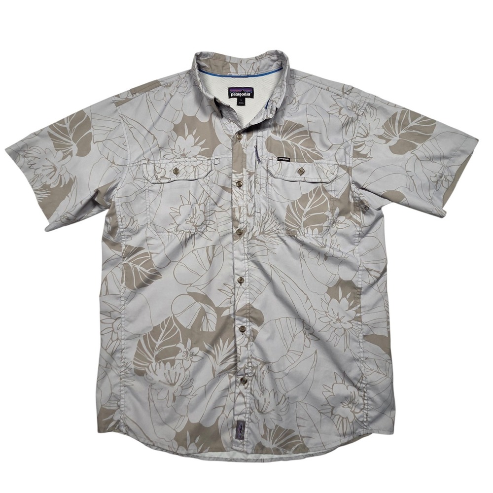 Patagonia Men's Sol Patrol II Short Sleeve Fishing Shirt Large Gray Valley Flora